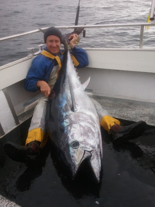 A Tasmanian angler with a 144kg blue thumper! © Carl Hyland - copyright